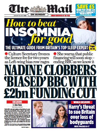 The Mail on Sunday Newspaper Front Page (UK) for 16 January 2022