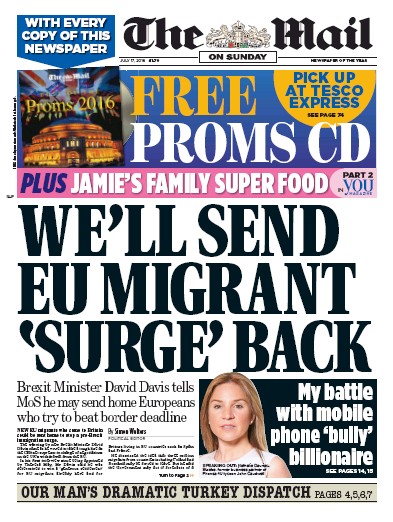 The Mail on Sunday Newspaper Front Page (UK) for 17 July 2016