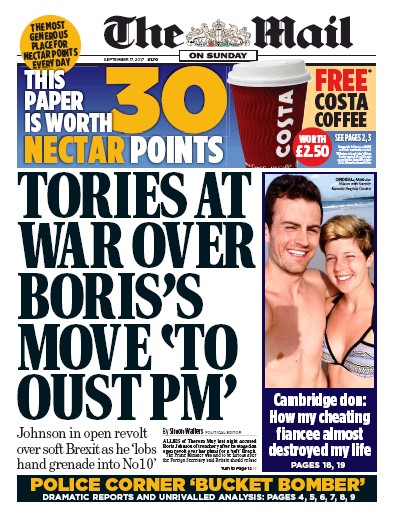 The Mail on Sunday Newspaper Front Page (UK) for 17 September 2017