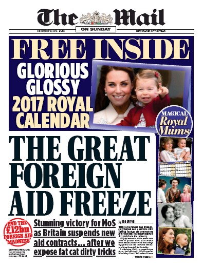 The Mail on Sunday Newspaper Front Page (UK) for 18 December 2016