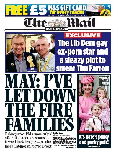 The Mail on Sunday Newspaper Front Page (UK) for 18 June 2017