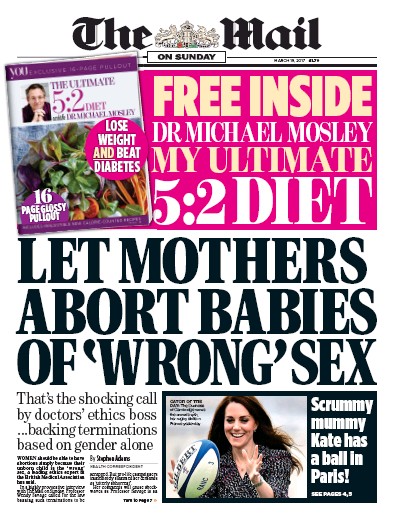 The Mail on Sunday Newspaper Front Page (UK) for 19 March 2017