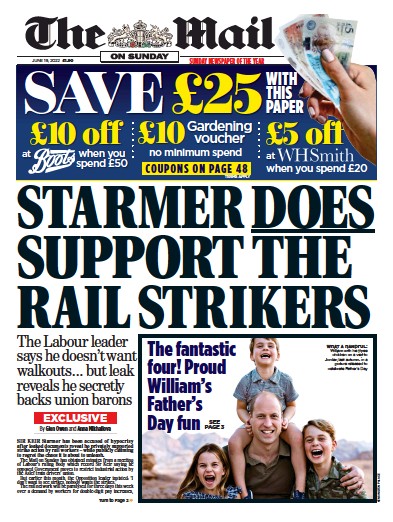 The Mail on Sunday Newspaper Front Page (UK) for 19 June 2022