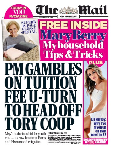 The Mail on Sunday Newspaper Front Page (UK) for 1 October 2017
