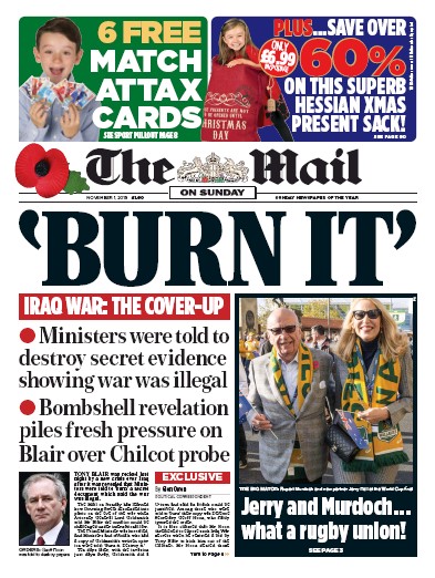 The Mail on Sunday Newspaper Front Page (UK) for 1 November 2015