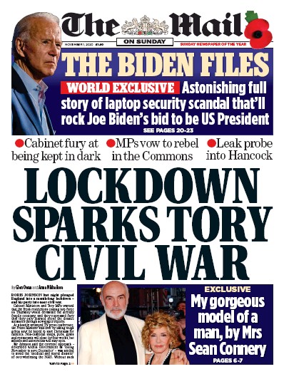 The Mail on Sunday Newspaper Front Page (UK) for 1 November 2020