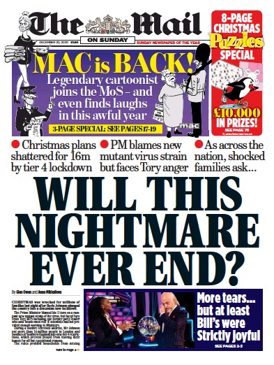 The Mail on Sunday Newspaper Front Page (UK) for 20 December 2020