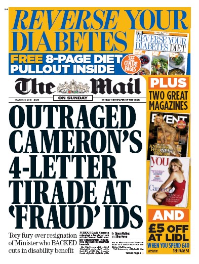 The Mail on Sunday Newspaper Front Page (UK) for 20 March 2016