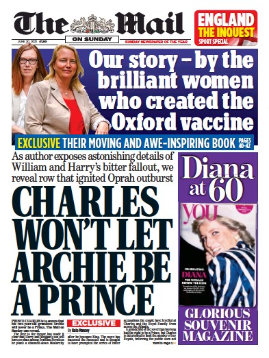 The Mail on Sunday Newspaper Front Page (UK) for 20 June 2021