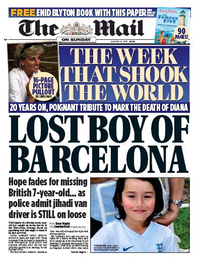 The Mail on Sunday Newspaper Front Page (UK) for 20 August 2017