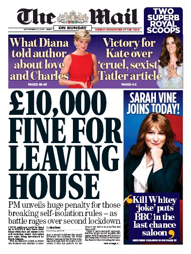 The Mail on Sunday Newspaper Front Page (UK) for 20 September 2020