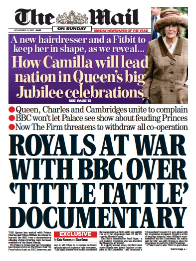 The Mail on Sunday Newspaper Front Page (UK) for 21 November 2021