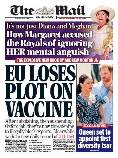 The Mail on Sunday Newspaper Front Page (UK) for 21 March 2021