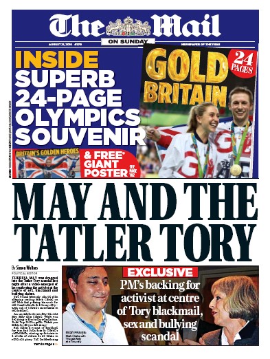 The Mail on Sunday Newspaper Front Page (UK) for 21 August 2016