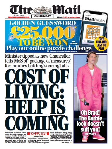 The Mail on Sunday Newspaper Front Page (UK) for 21 August 2022