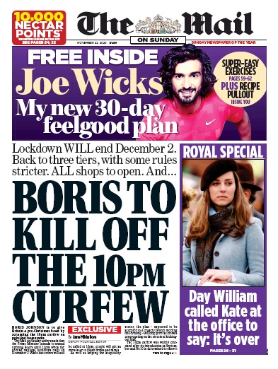 The Mail on Sunday Newspaper Front Page (UK) for 22 November 2020
