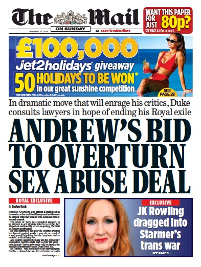 The Mail on Sunday Newspaper Front Page (UK) for 22 January 2023