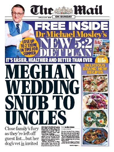 The Mail on Sunday Newspaper Front Page (UK) for 22 April 2018
