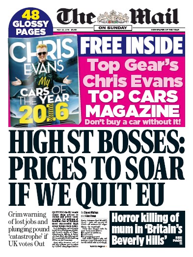 The Mail on Sunday Newspaper Front Page (UK) for 22 May 2016