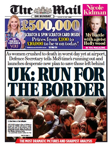 The Mail on Sunday Newspaper Front Page (UK) for 22 August 2021