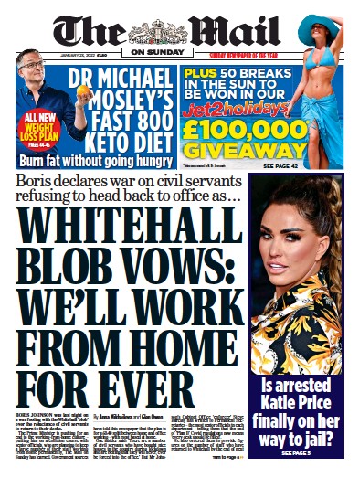 The Mail on Sunday Newspaper Front Page (UK) for 23 January 2022