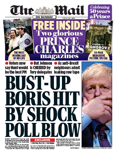The Mail on Sunday Newspaper Front Page (UK) for 23 June 2019