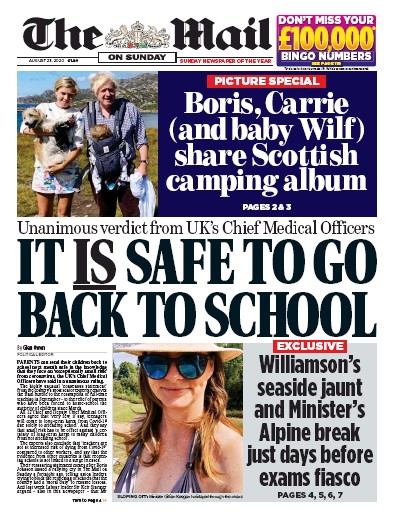 The Mail on Sunday Newspaper Front Page (UK) for 23 August 2020