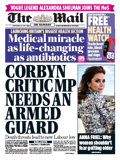 The Mail on Sunday Newspaper Front Page (UK) for 23 September 2018