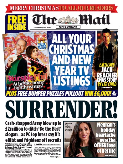 The Mail on Sunday Newspaper Front Page (UK) for 24 December 2017