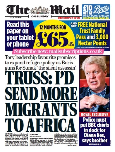 The Mail on Sunday Newspaper Front Page (UK) for 24 July 2022