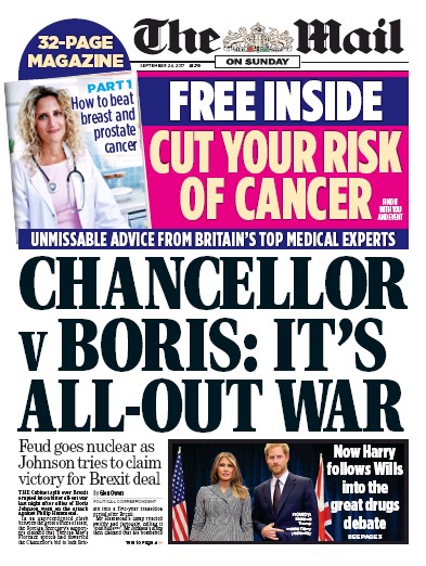 The Mail on Sunday Newspaper Front Page (UK) for 24 September 2017