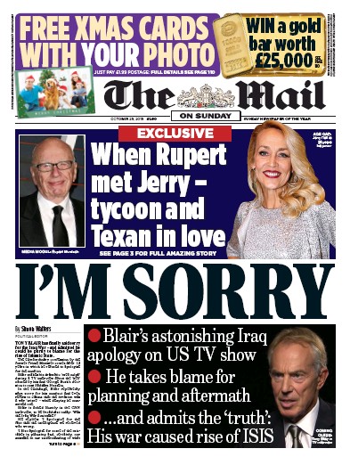 The Mail on Sunday Newspaper Front Page (UK) for 25 October 2015
