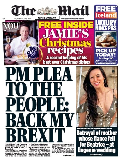 The Mail on Sunday Newspaper Front Page (UK) for 25 November 2018
