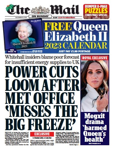 The Mail on Sunday Newspaper Front Page (UK) for 25 December 2022