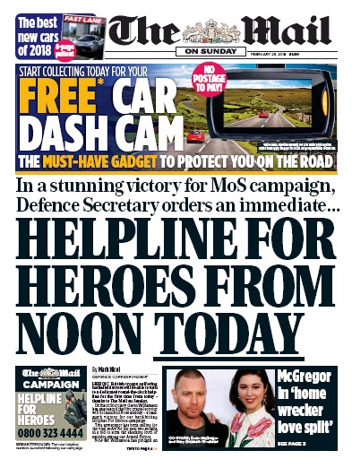 The Mail on Sunday Newspaper Front Page (UK) for 25 February 2018