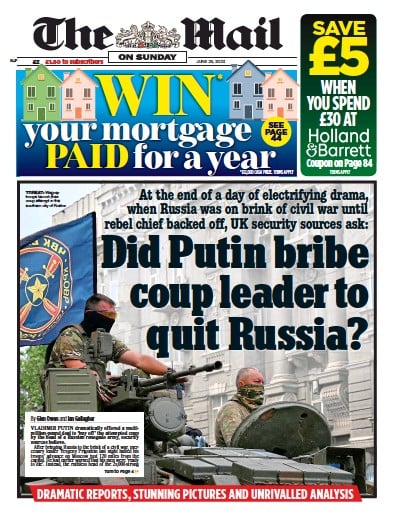 The Mail on Sunday Newspaper Front Page (UK) for 25 June 2023
