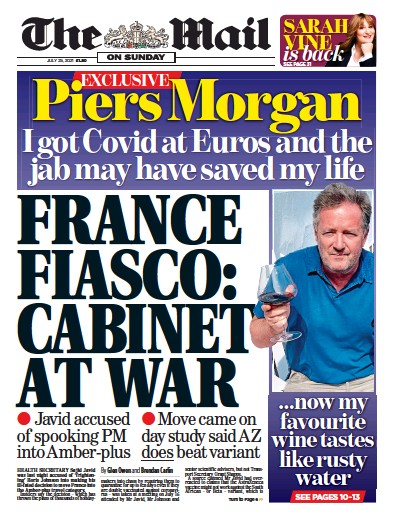 The Mail on Sunday Newspaper Front Page (UK) for 25 July 2021