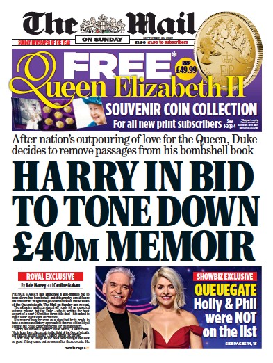 The Mail on Sunday Newspaper Front Page (UK) for 25 September 2022