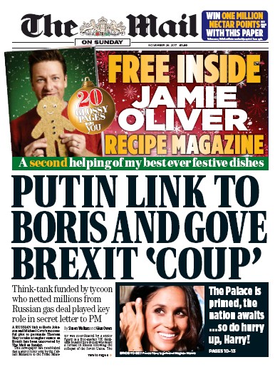 The Mail on Sunday Newspaper Front Page (UK) for 26 November 2017