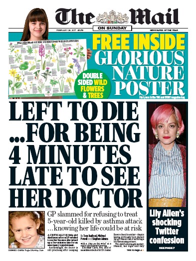 The Mail on Sunday Newspaper Front Page (UK) for 26 February 2017