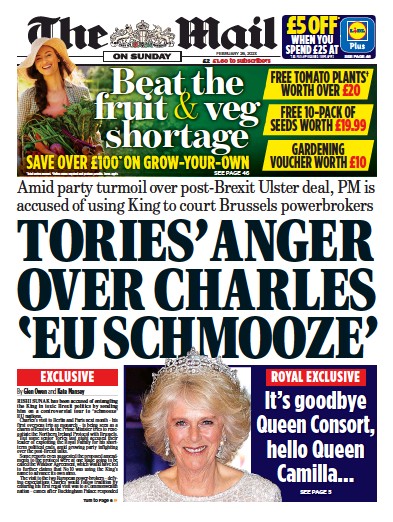 The Mail on Sunday Newspaper Front Page (UK) for 26 February 2023