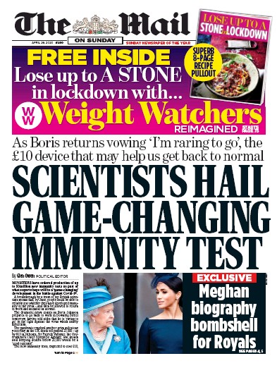 The Mail on Sunday Newspaper Front Page (UK) for 26 April 2020