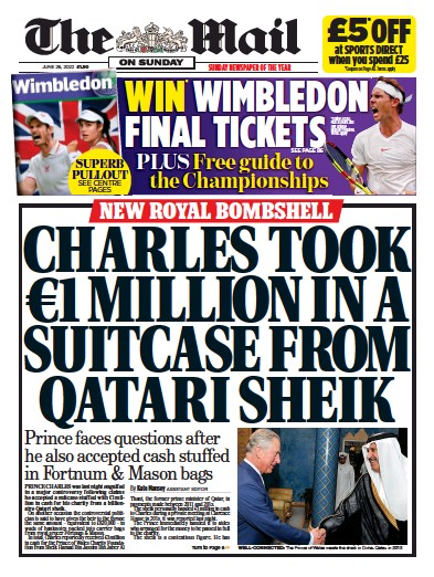 The Mail on Sunday Newspaper Front Page (UK) for 26 June 2022