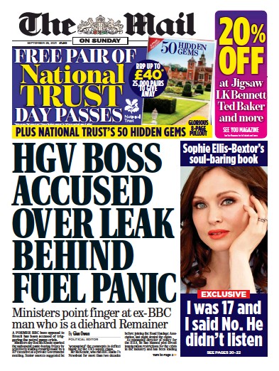 The Mail on Sunday Newspaper Front Page (UK) for 26 September 2021