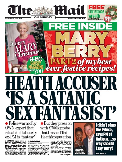 The Mail on Sunday Newspaper Front Page (UK) for 27 November 2016