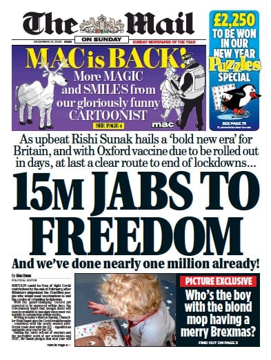 The Mail on Sunday Newspaper Front Page (UK) for 27 December 2020