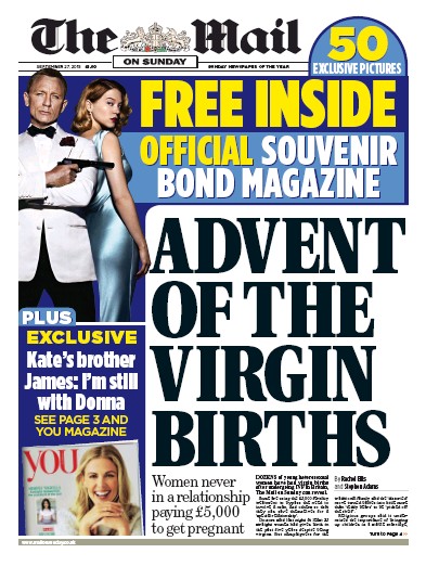 The Mail on Sunday Newspaper Front Page (UK) for 27 September 2015