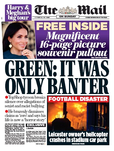 The Mail on Sunday Newspaper Front Page (UK) for 28 October 2018