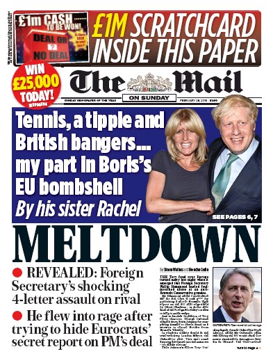 The Mail on Sunday Newspaper Front Page (UK) for 28 February 2016