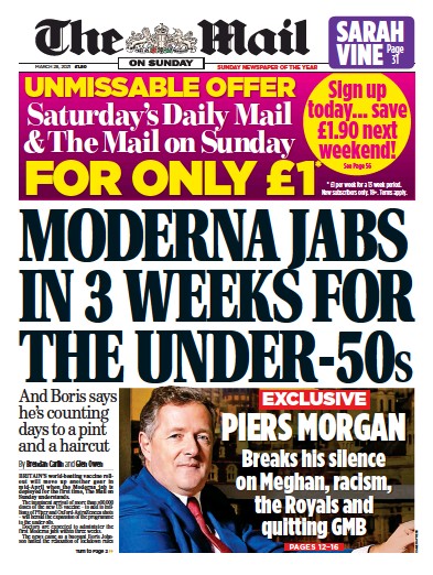 The Mail on Sunday Newspaper Front Page (UK) for 28 March 2021